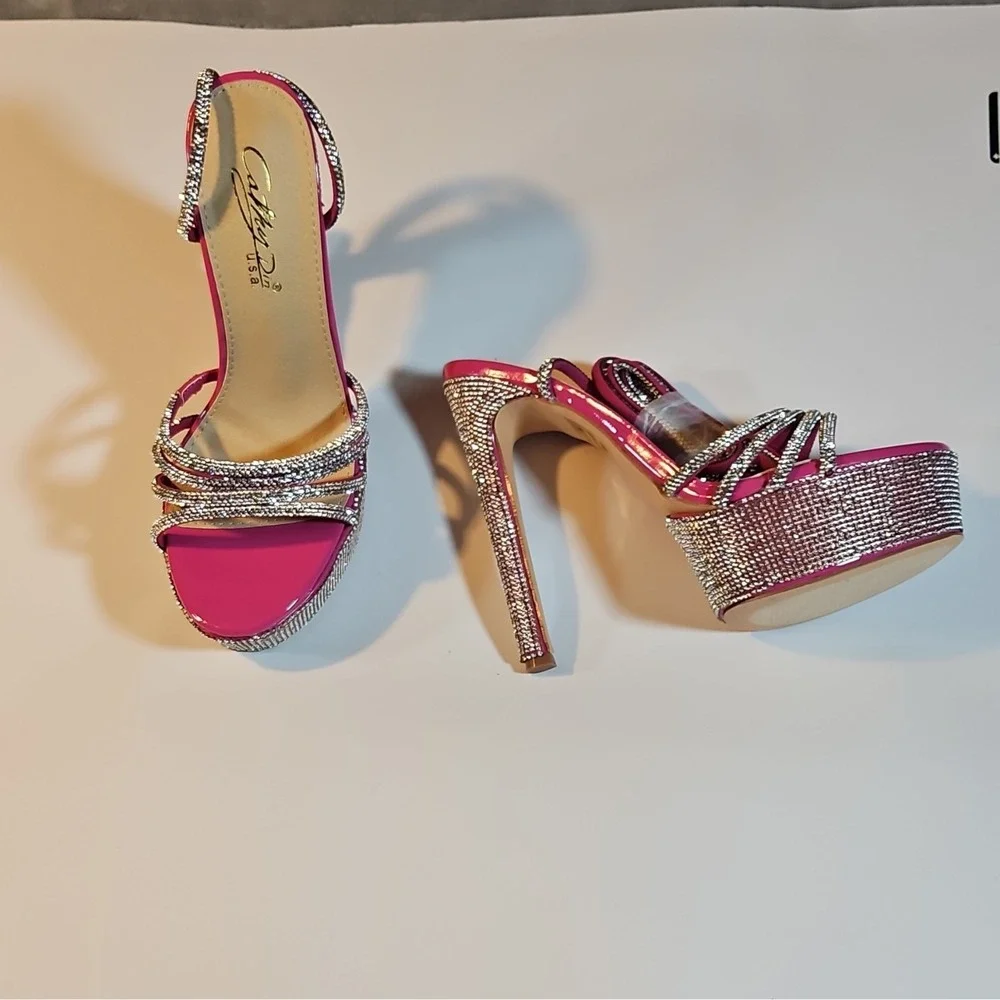 Cathy Din Hot Pink Silver Synthetic Rhinestone Platform Strappy Lace Up 7.5